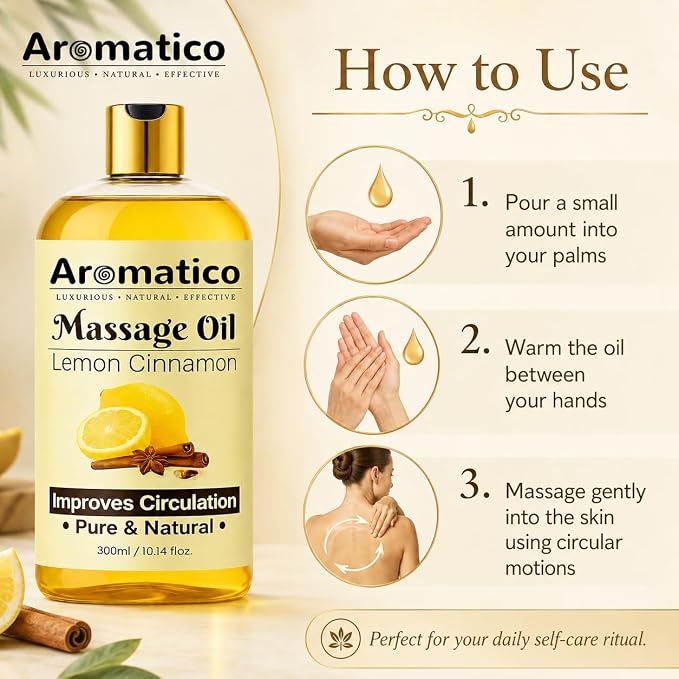 Aromatico Lemon & Cinnamon Massage Oil for Men & Women – 10 fl oz | Lightweight Non-Greasy Body Oil for Massage & Daily Body Care, Fast-Absorbing Moisturizing Oil with Citrus Aroma.
