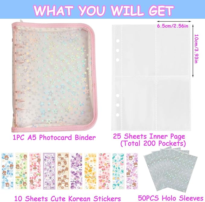Kpop Photocard Binder with 6 Stickers Sheet & 50 Shinning Protective Card Sleeves Kpop Photocard Holder Book, A5 Binder Photocard Album 25 Inner Pages with 200 Pockets 6 Ring (Pink)
