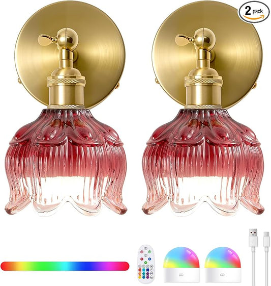 Vintage Battery Operated Wall Sconce: Set of 2 Red Flower Powered Sconces | 5000mAh Rose Glass Cordless Mounted Lighting, Rechargeable Dimmable Traditional Wireless Light Remote Control for Bedroom