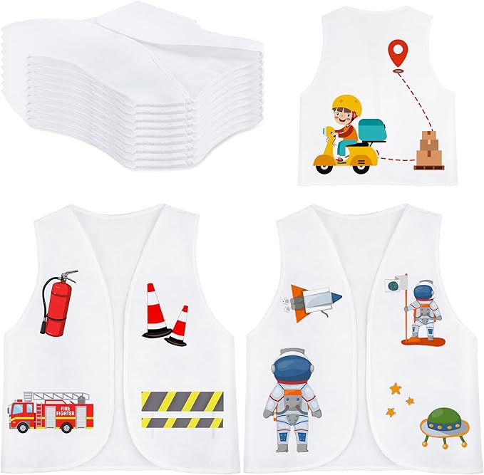 12 Pack Kids Blank Dress Up Vest Unfinished White Cosplay Vests DIY Career Role Play Vest Costume for Children Halloween Birthday Paint Party