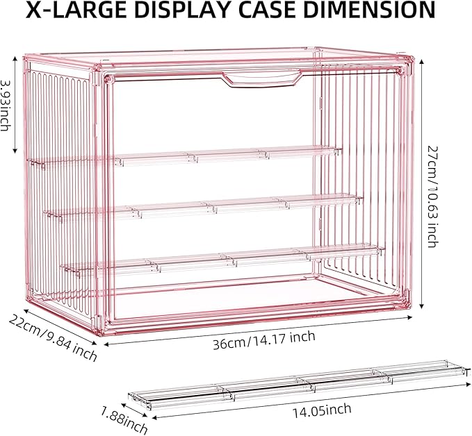 Clear Pink Acrylic Figure Display Case for Collectibles 4 Layer Hobby Figurine Display Shelf Cases Stackable Display Boxes with Shelves for Pop Mart, Action Figures, Model, 1 Pack