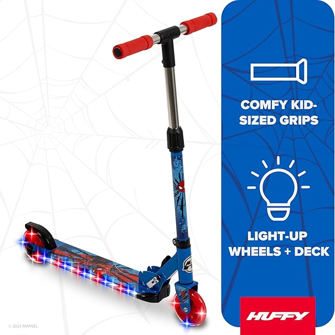 Huffy Disney and Marvel Light Up Kids' Inline Scooters, Multiple Color Options, LED Lights, Ages 5+ Years Old, Adjustable Handlebar, Durable Steel Frame, Foldable, Girls/Boys, 2-Wheels