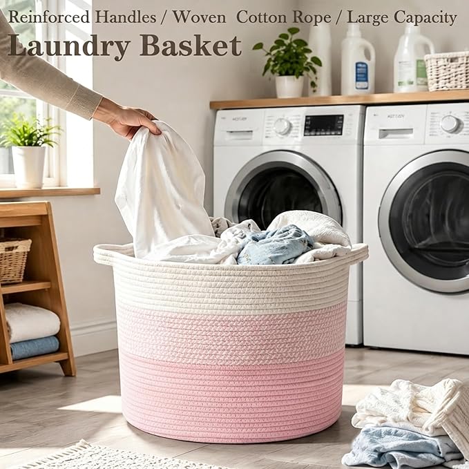 90L Extra Large Blanket Basket,Woven Rope Laundry Basket-Mixed Pink | Collapsible, reinforced handles, nursery storage bin organizes clothes, toys and pillows for living room, bedroom bathroom
