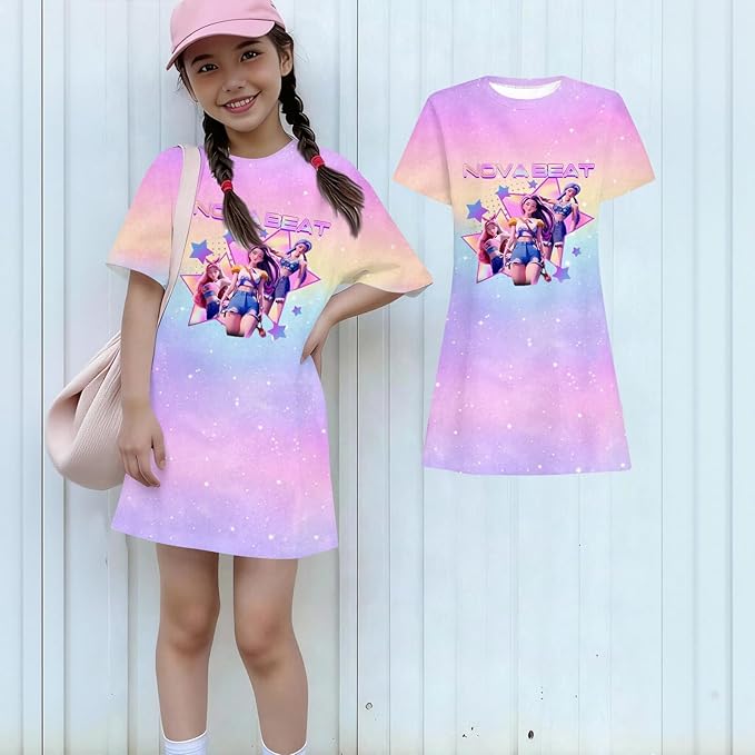 Girl's Anime K-POP Graphic Long Dress T-Shirt - Casual Loose Fit Short Sleeve Top