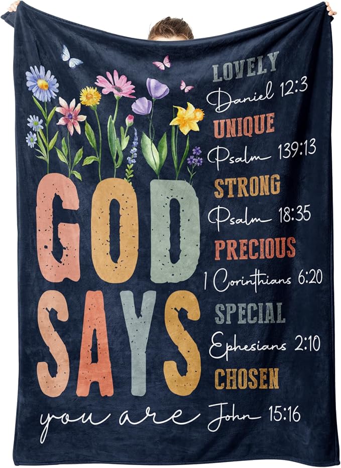 Christian Gifts for Women - Inspirational Floral Blanket | Religious Birthday Gift, Christian Blanket for Mom, Sister, Friend, Baptism & Confirmation, Spiritual Gift for Her (Blue)