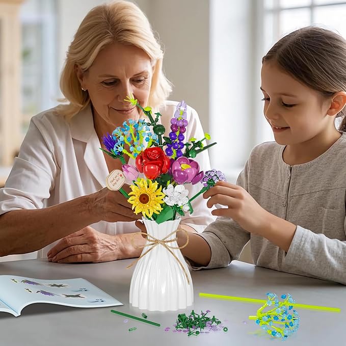 Flowers Bouquet Building Set, Botanical Collection Artificial Flower with Vase, Rose, Sunflower, Hydrangea, Jasmine for Home Decor, Plants Gifts for Mother's Day Anniversary Adults Women Girls
