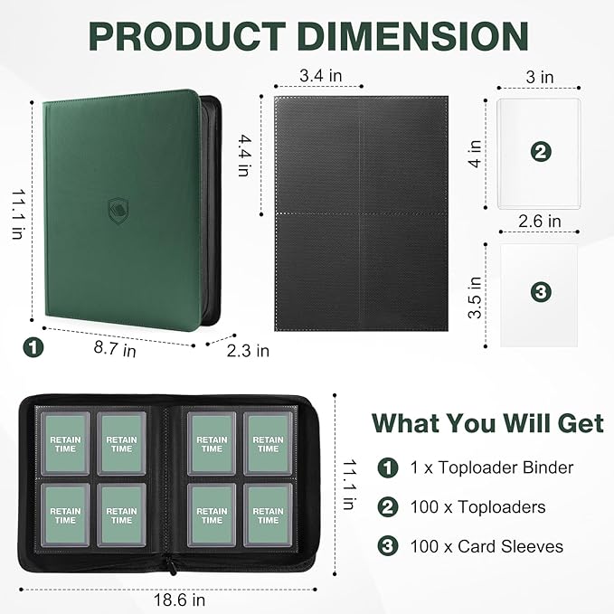 Toploader Binder, Holds 160 Toploaders, 100 Toploaders INCLUDED, 4-Pocket PU Cover Top Loader Binder for 3" x 4" Rigid Toploader, Ringless Double-Sided Toploader Card Binder for TCG, Sport Cards
