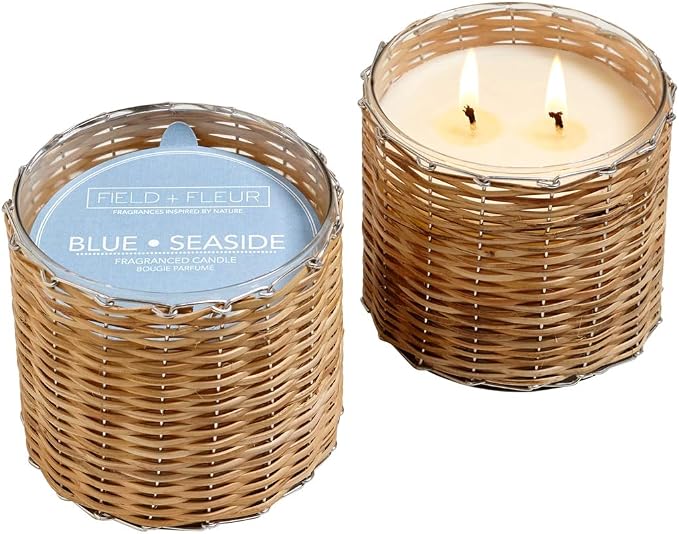 Blue Seaside Scented Candle – 12oz Luxury Soy Wax, 2-Wick in Handwoven Glass Jar, with Citrus, Coconut, Amber, Musk & Sandalwood. 75+ Hour Clean Burn, Made in USA