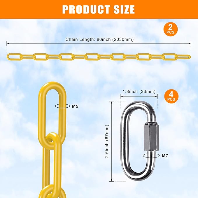 SELEWARE 2 Pack 80 Inch Hanging Swing Chain with 4 Carabiners, 1000LB Capacity Plastic Coated Hanging Chains, Hammock Hardware Kit for Swing, Hanging Chair, Punching Bags, Indoor Outdoor Gym (Yellow)