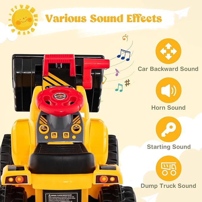 Costzon 2-in-1 Ride on Excavator Bulldozer, 6V Electric Excavator Ride on Toy with 3 Balls & Basketball Hoop, Adjustable Bucket, Ride on Construction Vehicles for Kids, Push Car Gift for Boys Girls