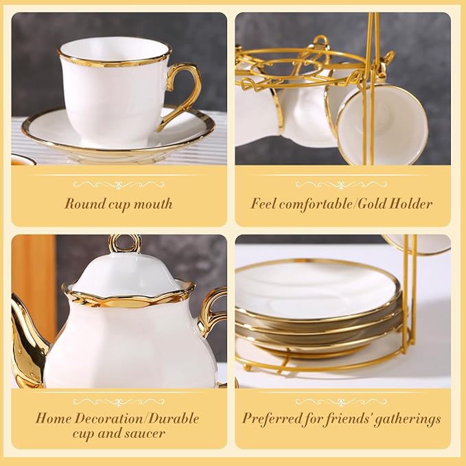 20 Pcs Porcelain Tea Set with Metal Holder, European Ceramic Tea Set for Adults, Coffee Tea Gift Sets, French Tea Cup Saucer Set for Party With Gold Trim (French White)