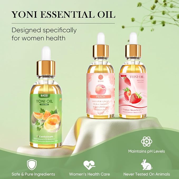 BASSI 3 PCS Natural Yoni Oil for Women -Feminine Oil Vaginal Moisturizer - Reduces Odor, Restores pH Balance, Helps with Vaginal Itch, Herbal Yoni Blend with Strawberry Peach Hami Melon