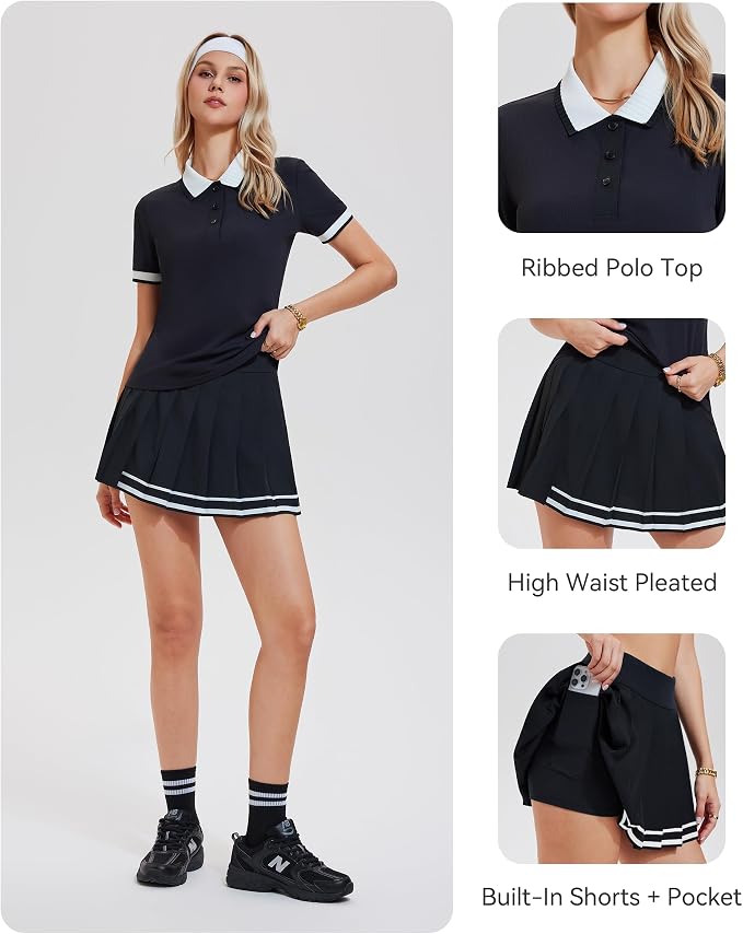 Mudere Golf Outfits for Women Tennis Skirt Set Polo Top Pleated Skort | Ribbed Short Sleeves, Built-In Shorts, Side Pocket, Nylon Spandex Blend, Pickleball Running Dress, Versatile Athletic Wear