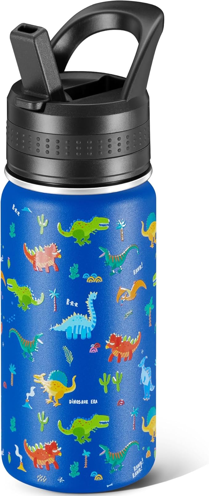 Kids Water Bottle,14oz Stainless Steel Insulated Water Tumbler Leak-Proof,School Water Mug,Small and Portable,Suitable for Boys and Girls to Use(Blue cartoon dinosaur)