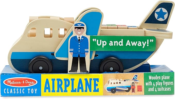 Melissa & Doug Wooden Airplane Play Set with 4 Play Figures and 4 Suitcases