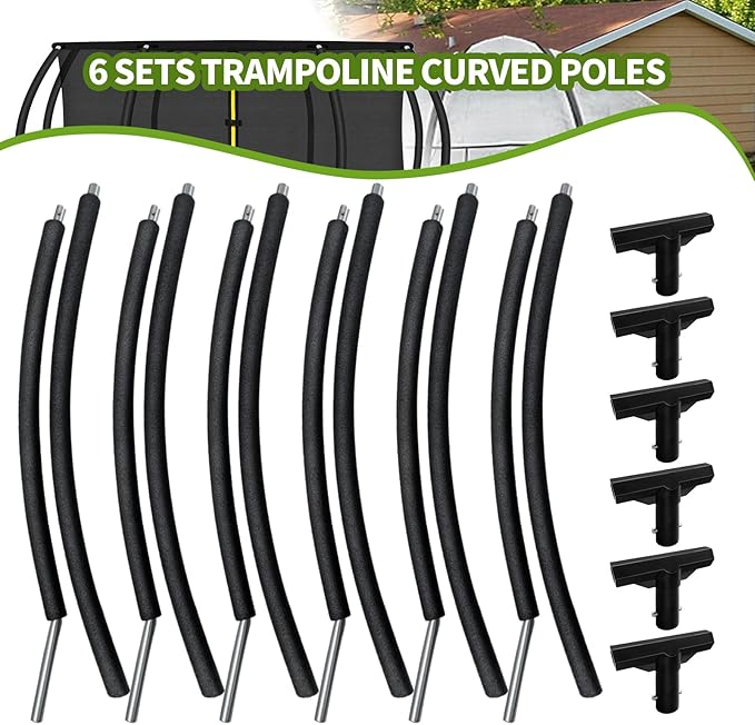 6 PCS Trampoline Curved Pole Replacement, Universal Curved Enclosure Net Poles for 8-16ft Frame, with Plastic T Connector, Mounting Hardware, Foam Cover Padding