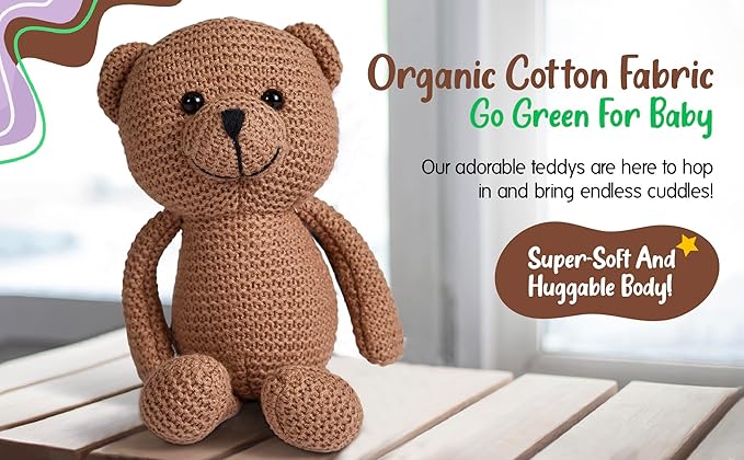 Teddy Bear, Cute, Knitted, 10" Stuffed Animal, Cotton Plush, Vintage, Brown, Unisex, 0+
