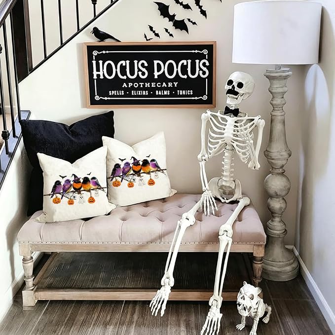 RABUSOFA Halloween Pillow Covers 18x18 Inch Halloween Decorations for Home | Watercolor Birds,,Spooky Ghost Pumpkin Bat Halloween Decor,Supplies Accessories for Home Couch Party Patio