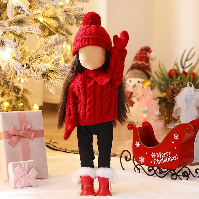 6 pcs Christmas 18 Inch Doll Clothes and Accessories Winter Outfits Set with Sweaters Trousers Hats Shoes Gloves Scarfs for 18 Inch Doll (Red)