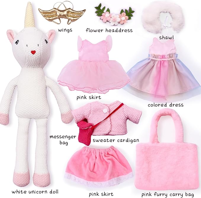 Unicorn Doll Stuffed Animal Toys for Girls - Ballerina Doll | Plush Carrier Bag | 3 Set Cloth Accessories, Kids Pretend Play Crochet Gifts, Birthday Gift for 3 4 5 6 Year Old Little Girl Unicorn Toys