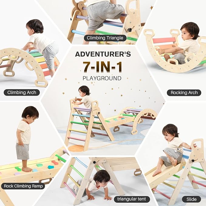 BlueWood Pikler Triangle Set with Safe Handle, Foldable 7-in-1 Montessori Toddler Climbing Toys Indoor, Wooden Pickler Climbing Set, Baby Jungle Gym & Playground, Climbing Toys for 1-3 Year, Rainbow