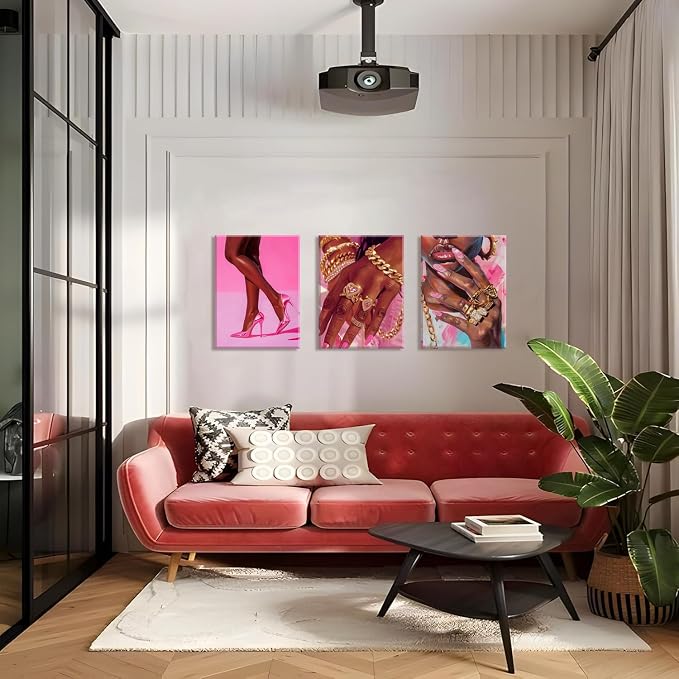 Black Girl Wall Art Set of 3 Pink Fashion Black Woman Canvas Wall Decor Pictures African American Women Paintings Home Decor Posters Prints for Living Room Bedroom Bathroom 12x16Inch Framed