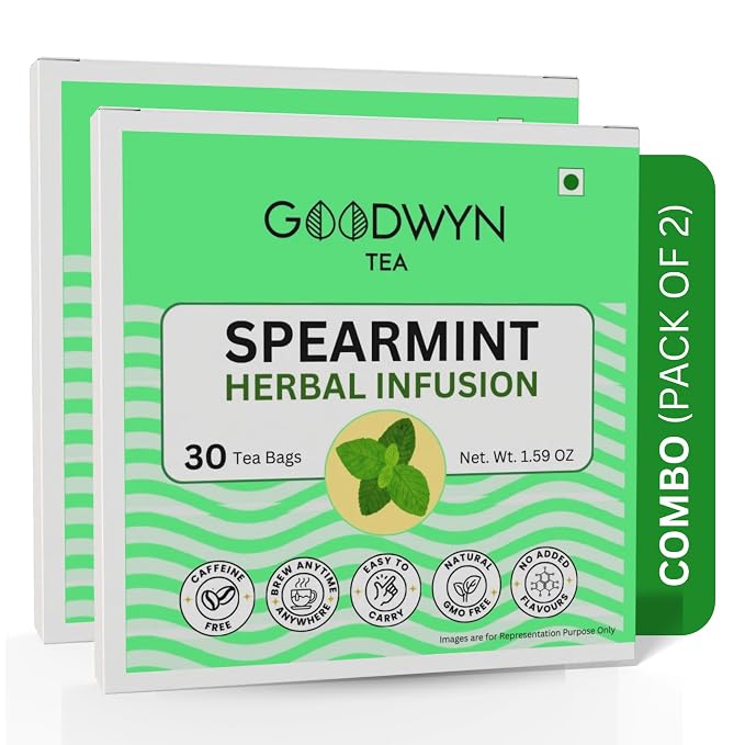 Goodwyn Spearmint Herbal Tea, 60 Tea Bags, Pure Spearmint Leaves, Caffeine Free, Plastic Free Bags, Refreshing Mint Infusion