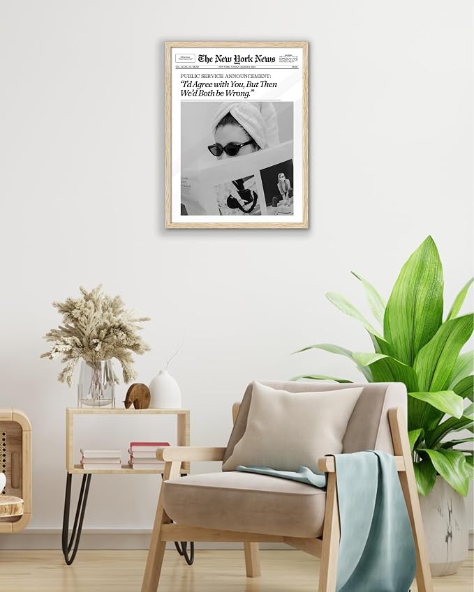 EcoHest Small 8x10 in Cool Girl Newspaper Framed Wall Art for Bedroom | Natural Oak Wood Frame, Canvas Wall Art, Girly Fashion Magazine Decor for Bedroom, Apartment, Dorm Room, College Room, 1Pack
