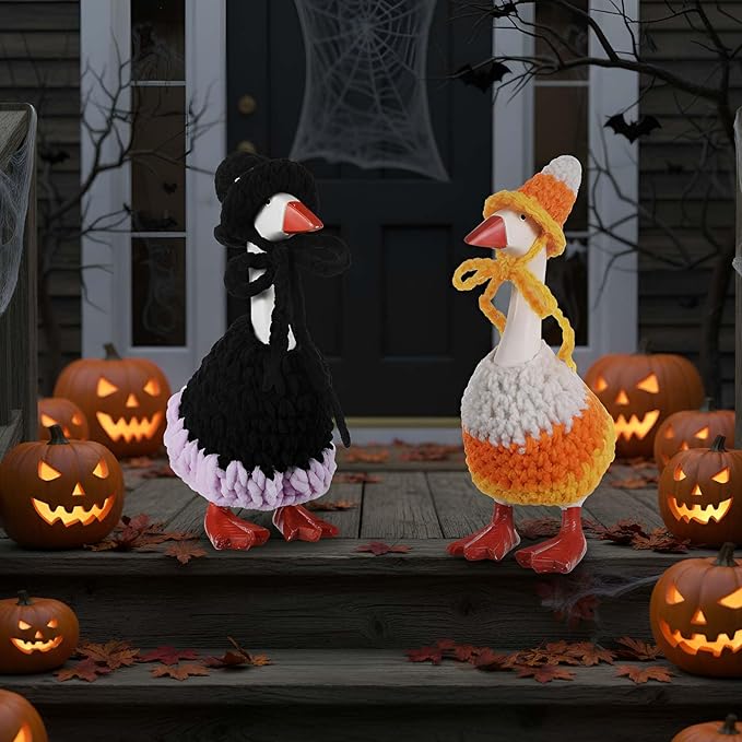 Halloween 7inch Desk Goose Outfits Mini Knitted Costume with Hat for Desk Magnetic Goose Key Holder Halloween Decor (Witch)(2 Sets,Witch and Candy Cone)