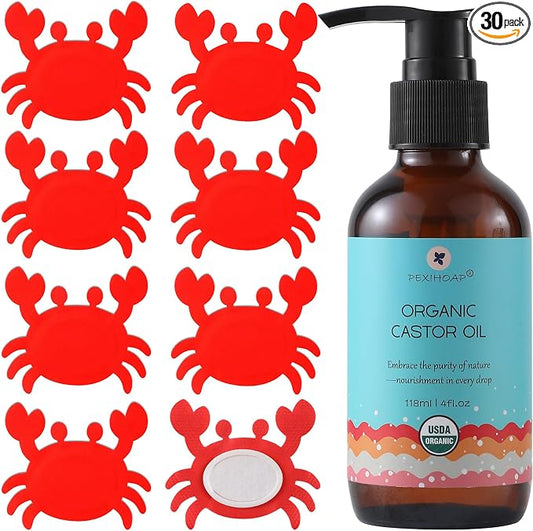 30Pcs Castor Oil Patch for Belly Button with 4oz Organic Castor Oil in Glass Bottle, Castor Oil Pack Belly Button Patches for Stomach Hand Self Adhesive (30pcs Crab Pack with Oil)