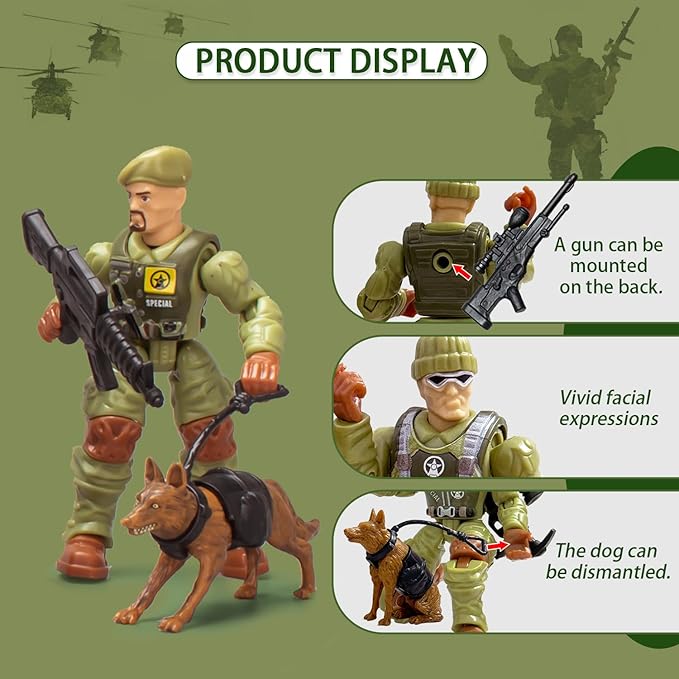 Army Men Action Figures,Toy Soldiers for Boys Age 4-7,Military Playset,Plastic Army Men Toys with 2 Dog Figures 6 Weapons Birthday Gift for Military Collectors Boys 6-8