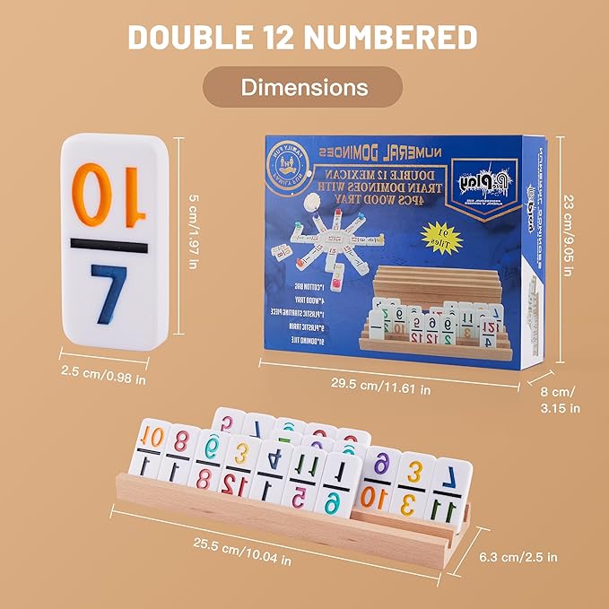 PUREPLAY Mexican Train Dominoes Set with Numbers - Double 12 Colored Number Dominoes - 91 Tiles, 9 Trains, 4 Wooden Trays & Storage Bag for 2-8 Players Ages 8+