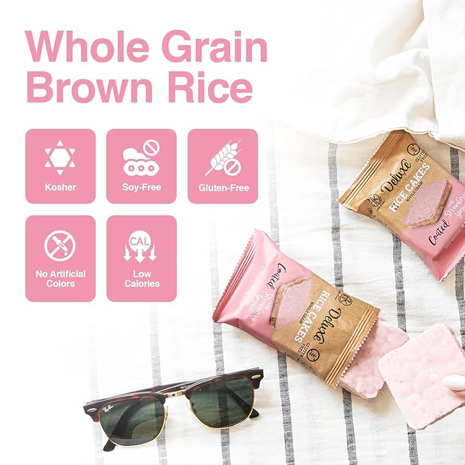 Deluxe & Bla Bla Rice Cakes 57 Pack – Whole Grain, Gluten-Free, Kosher, Low-Calorie Snack – Coated with Strawberry Yogurt – Healthy & Crunchy Treat – Individually Wrapped, (19g Each)