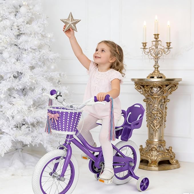 KORIMEFA Girls Bike for Ages 2-8 Years Toddler Kids with Doll Seat, 12 14 16 Inch Bicycle with Training Wheels, Little Small Princess Bicycle with Basket& Streamers, Girls Pedal Bike