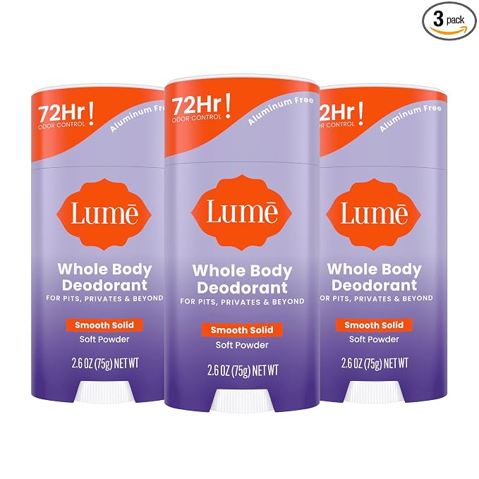 Lume Whole Body Deodorant - Smooth Solid Stick - 72 Hour Odor Control - Aluminum Free, Baking Soda Free and Skin Loving - 2.6 Ounce (Pack of 3) (Soft Powder)