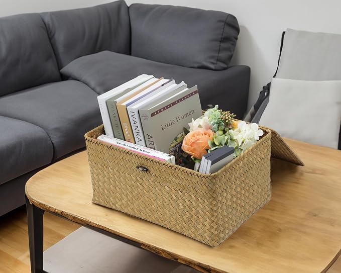 Seagrass Wicker Storage Basket with Lid, X-Large, Natural | Extra Large Box, Shelf Organizer, Rectangular Woven Bin, Multipurpose Home Storage, Natural Decor, 14.3 x 9.4 x 6.9