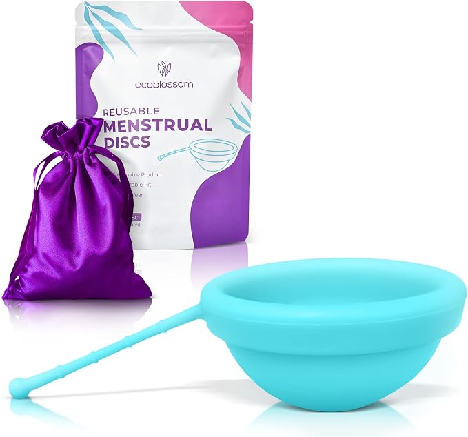 EcoBlossom Reusable Menstrual Disc with Removal String - The Most Reliable Medical Grade Silicone Period Discs - Comfortably use for 12 Hours (Cyan)