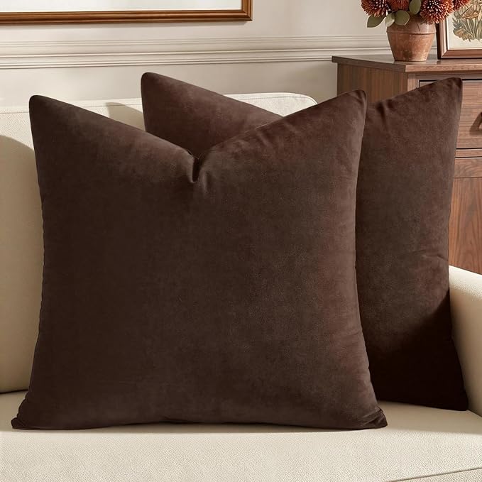 MIULEE Velvet Throw Pillow Covers 18x18 Inch Pack of 2 Chocolate Brown | Soft Solid Decorative Pillow Covers, Modern Luxury Home Decor, for Couch Chair Sofa Bedroom Livingroom