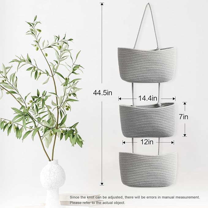 TeoKJ Over the Door Hanging Basket, 3-Tier Woven Cotton Wall-Mounted Storage Organizer Bag Decorative Hanging Nursery Baskets, Gray