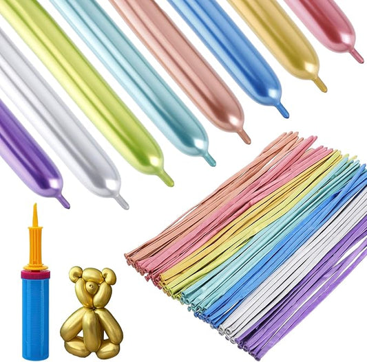 100 Pcs 260Q Balloons Kit with Pump - Kids Premium Latex Twisting Long Balloons to Make Animals Flowers, Metallic Assorted Balloons for Party Boys Girls Christmas Birthday Gifts Clowns Wedding Decor