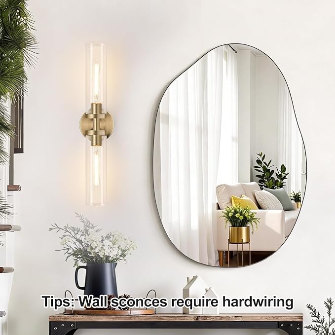 Indoi Brass Wall Sconces, Hardwired Bathroom Sconces Wall Lighting with Clear Glass, Modern Bathroom Vanity Lights fixtures for Mirror Bedroom Living Room Hallway Kitchen