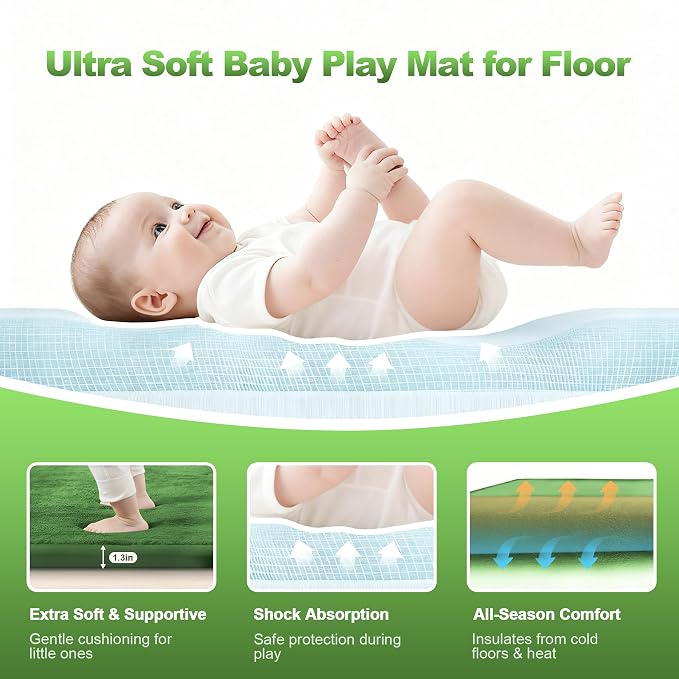 Ultra Soft Baby Play Mat for Floor, 59"×79" Playpen Mat, 1.3" Thick Memory Foam, Non-Slip Tummy Time Mat for Infants, Toddlers, and Kids – Water-Repellent Coral Velvet, Easy Care