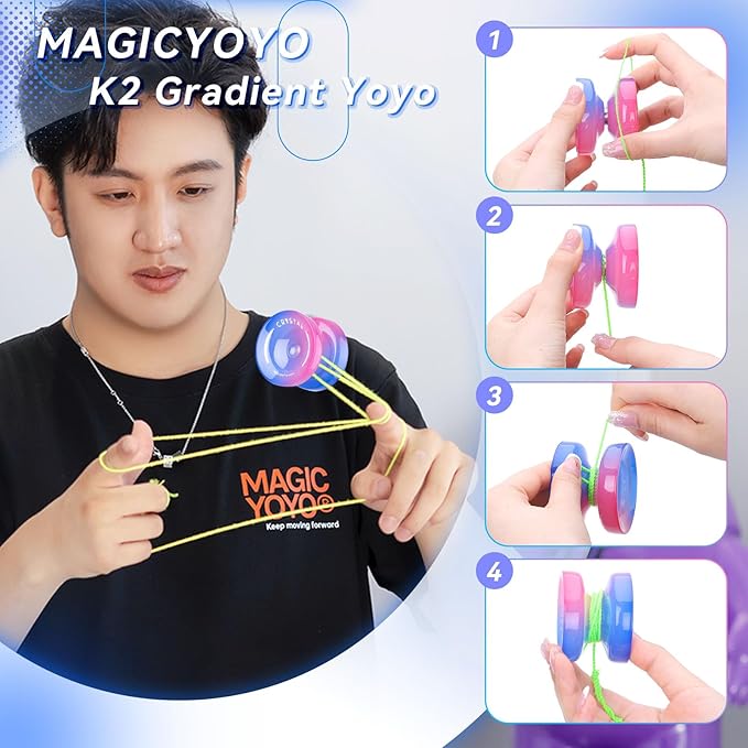 MAGICYOYO K2 Crystal Yoyo for Kids Beginners, Responsive Yoyo with Unresponsive Bearing for Replacement, Plastic Yo-yo Professional with 12 Yo yo Strings, Case Bag, Yo-Yo Accessory Set-Blue Pink