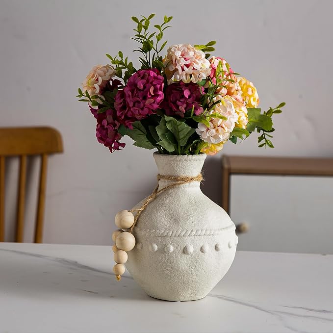Mowtanco Rustic Ceramic Vase with Boho Wooden Beads, Matte Decorative Pottery for Modern Farmhouse and Bohemian Decor, Floral Arrangements, Living Room, Dining Table Centerpieces