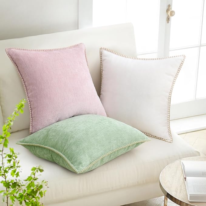 decorUhome Soft Chenille Throw Pillow Covers 18x18 Set of 2 Blush Pink | Fall Textured Decorative Throw Pillow Cases Stitched Edge Modern Farmhouse Luxury Boho Velvet for Couch Sofa Bed Home Decor