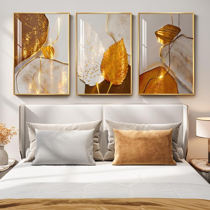 Framed Modern Luxury Wall Art for Living Room, Large White and Gold Leaf Artwork for Bedroom Walls, 3 Piece Contemporary Bright Style Abstract Prints for Office Hallway Hallway Wall Decor, 24x36 Inch