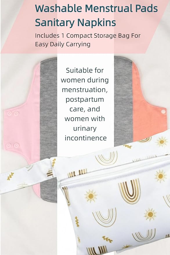 Washable Menstrual Pads,Graphene Cotton Cloth Reusable Incontinence Pads,Sanitary Napkins,with 1 Storage Bag,Panty Liners Pads,Period for Woman Postpartum/Incontinence(Colorful/L/8pcs)