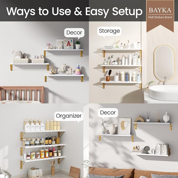 BAYKA Wall Shelves for Bedroom Decor, Floating Shelves for Living Room Kitchen Storage, Wall Mounted Rustic Wood Shelves for Kids Books,Corner Shelves for Bathroom(White and Gold，23in，Set of 3)