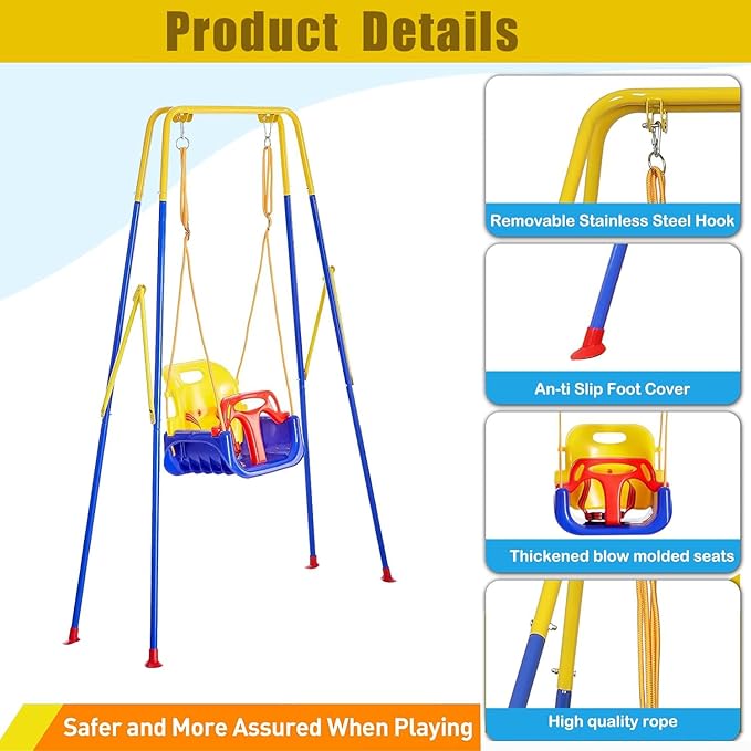 3 in 1 Toddler Swing with Frame, Outdoor Indoor, Baby Swing with Safety Belt for Indoor and Outdoor Use, Foldable Metal Stand & Clear Instructions, Easy to Assemble