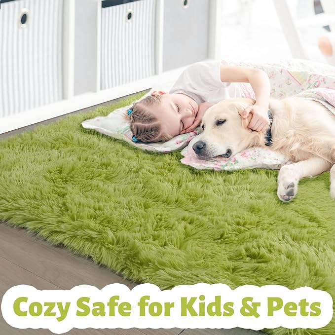 Amdrebio Grass Green Big Shaggy Kids Area Rug 6x9 for Living Room Bedroom | Fluffy Furry Fuzzy Moss Indoor Carpet, Classroom Playroom Nursery Dorm Toddler Sensory Room Decor, Nature Forest Aesthetic